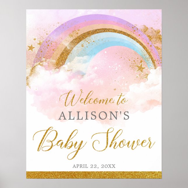 Pastel rainbow pink gold baby shower welcome sign (Front)