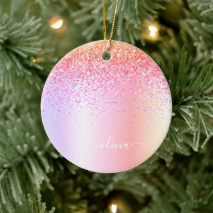Pastel Rainbow Pink Gold Purple Glitter Monogram Ceramic Ornament