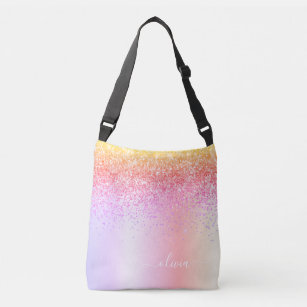 Pastel Rainbow Pink Gold Purple Glitter Monogram Crossbody Bag