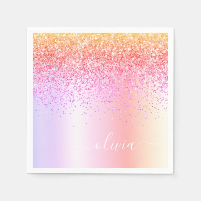 Pastel Rainbow Pink Gold Purple Glitter Monogram Napkin (Front)