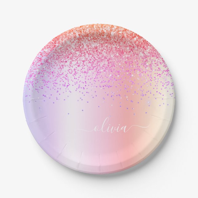 Pastel Rainbow Pink Gold Purple Glitter Monogram Paper Plate (Front)