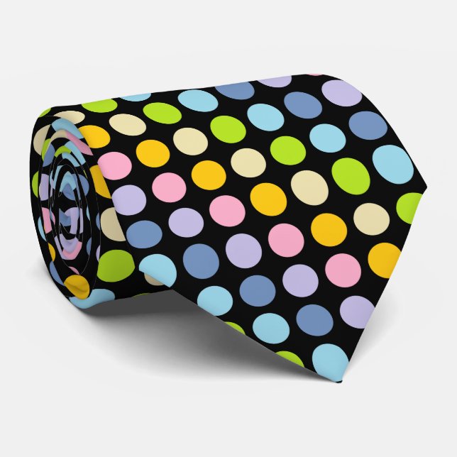 Pastel Rainbow Polka Dots Black Tie (Rolled)