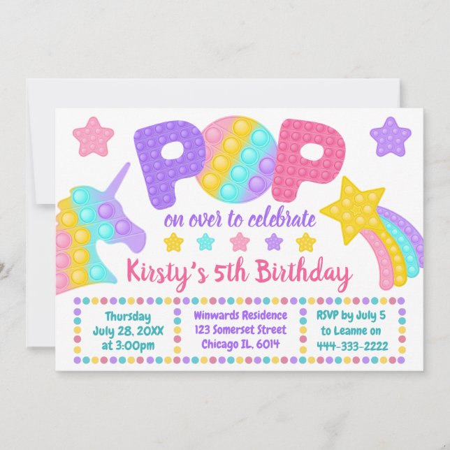 Pastel Rainbow Pop It Fidget Toy Birthday Party Invitation (Front)