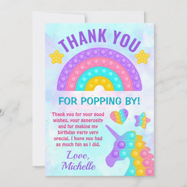 Pastel Rainbow Pop It Fidget Toy Birthday Party Thank You Card (Front)