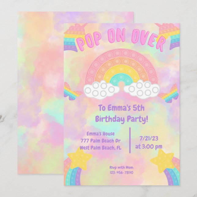 Pastel Rainbow Pop on over Pop it Girls Birthday  Invitation (Front/Back)