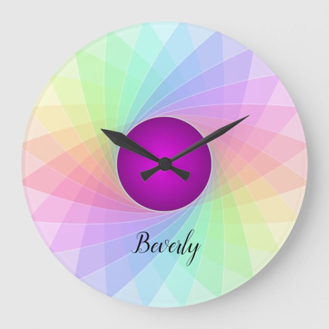 Pastel Rainbow Purple Twirl Name Customized Large Clock (Front)