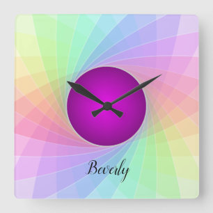 Pastel Rainbow Purple Twirl Name Personalized Square Wall Clock