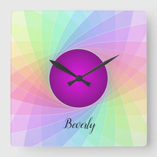 Pastel Rainbow Purple Twirl Name Personalized Square Wall Clock (Front)