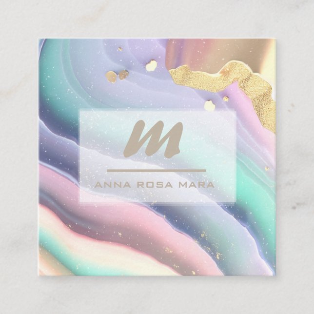 *~* PASTEL Rainbow QR MarbleLuxe Initial AP66 Square Business Card (Front)