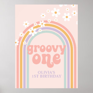 Pastel Rainbow Retro Groovy  One 1ST Birthday Poster