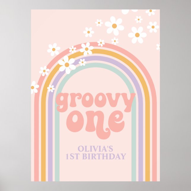 Pastel Rainbow Retro Groovy  One 1ST Birthday Poster (Front)
