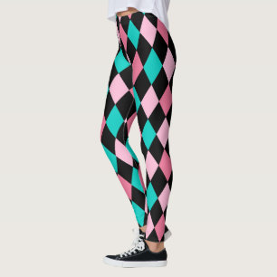Pastel Rainbow Rhombuses Black Pink Blue Harlequin Leggings