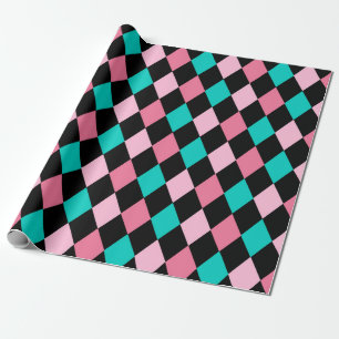 Pastel Rainbow Rhombuses Black Pink Blue Harlequin Wrapping Paper