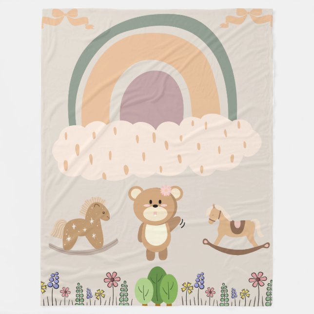 Pastel Rainbow & Rocking Horse Nursery Scene Fleece Blanket (Front)