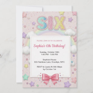 Pastel Rainbow Sequin Glitter Girl 6th Birthday Invitation