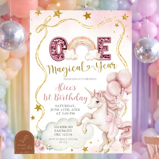 Pastel Rainbow Sequin Glitter Unicorn One Magical  Invitation (Creator Uploaded)