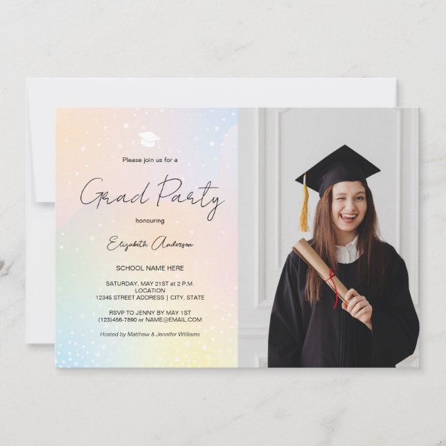 Pastel Rainbow Simple Script Photo Graduation Invitation (Front)