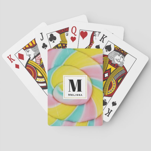 Pastel Rainbow Spiral Candy Photo Monogram Playing Cards (Back)
