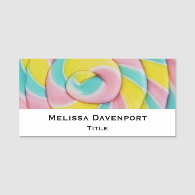Pastel Rainbow Spiral Candy Photo Name Tag (Front)
