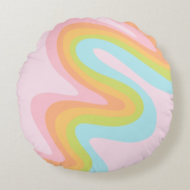Pastel rainbow squiggle round pillow (Front)