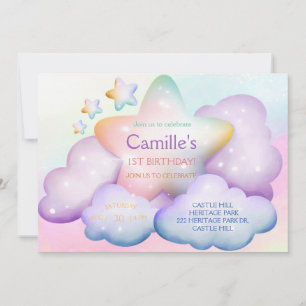 Pastel rainbow  star & clouds birthday Invitation