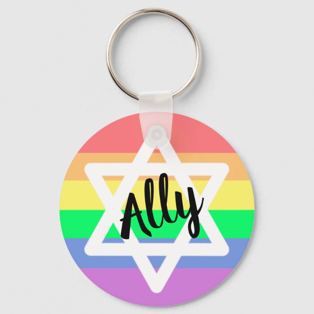 Pastel Rainbow Star of David | LGBTQ Ally Message Keychain (Front)
