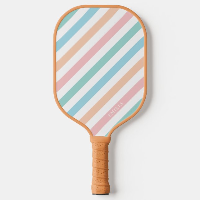 Pastel Rainbow Striped Pickleball Paddle (Front)