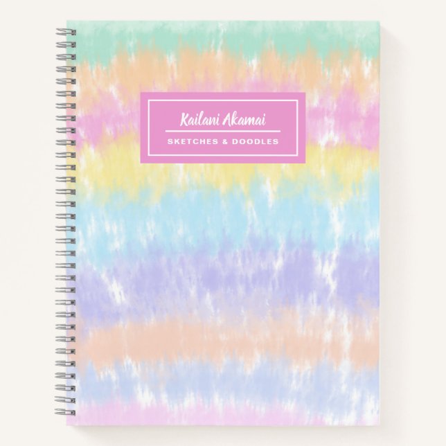 Pastel Rainbow Stripes Tie-Dye Name Sketch Art  Notebook (Front)