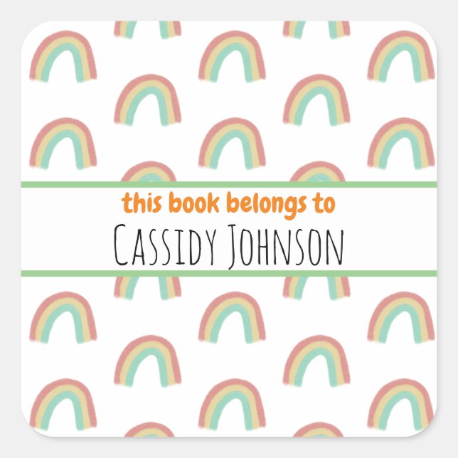 Pastel rainbow this book belongs to kids bookplate square sticker (Front)