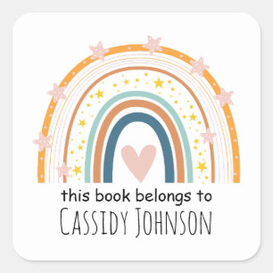 Pastel rainbow this book belongs to kids bookplate square sticker