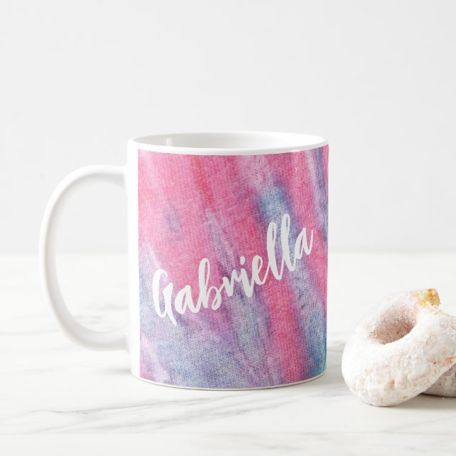 Pastel Rainbow Tie Dye Groovy Personalized Coffee Mug (With Donut)