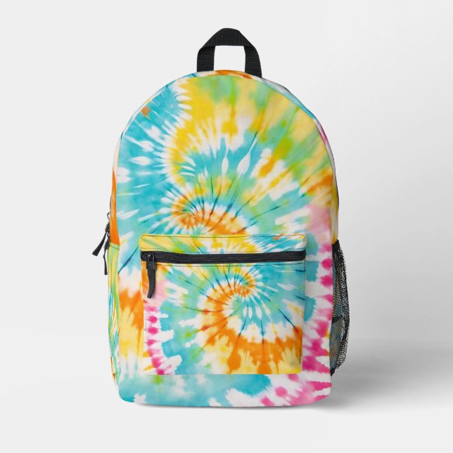 Pastel Rainbow Tie Dye Spiral Pattern Printed Backpack (Front)