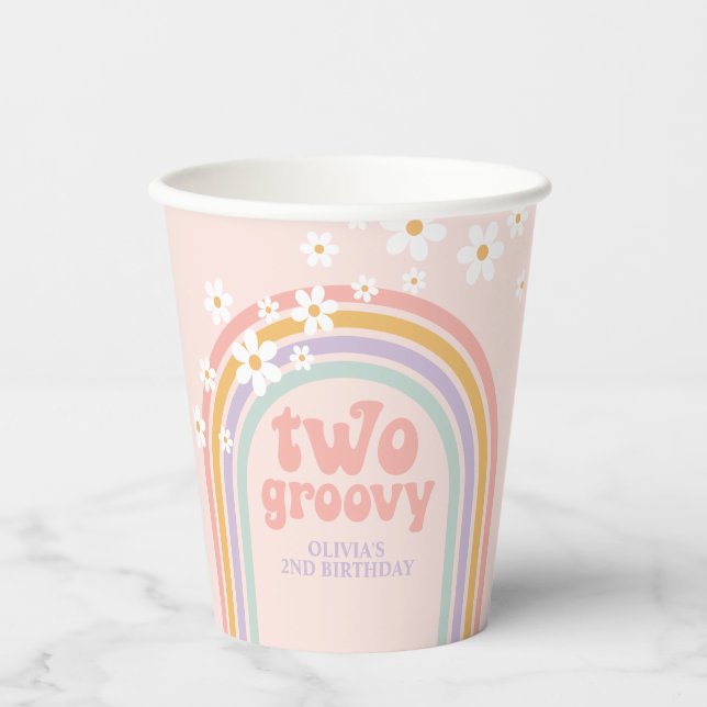 Pastel rainbow two groovy 2nd birthday paper cups (Front)