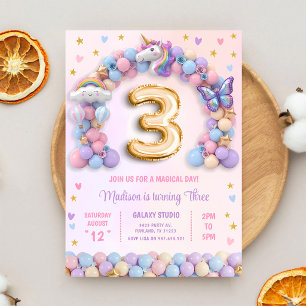 Pastel Rainbow Unicorn 3rd Birthday Invitation
