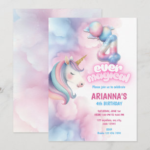 Pastel Rainbow Unicorn 4th Birthday Invitation