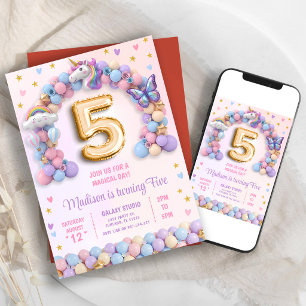 Pastel Rainbow Unicorn 5th Birthday Invitation