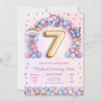 Pastel Rainbow Unicorn 7th Birthday Invitation