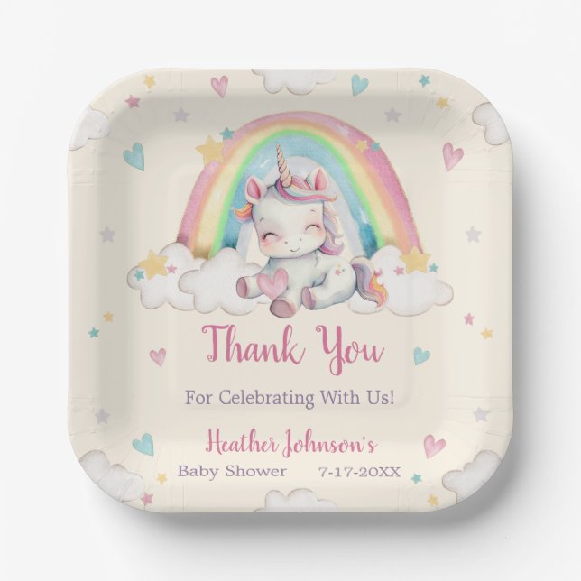 Pastel Rainbow Unicorn Baby Shower Paper Plate (Front)