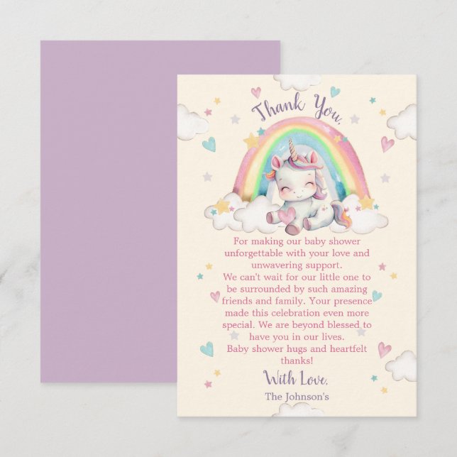 Pastel Rainbow Unicorn Baby Shower Thank You Card (Front/Back)