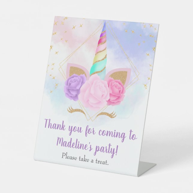 Pastel Rainbow Unicorn Birthday Favour Table Sign (Front)