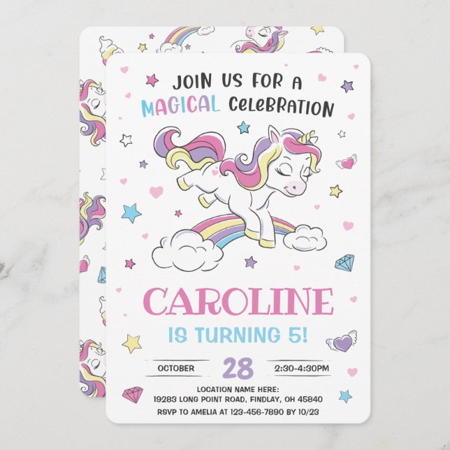 Pastel Rainbow Unicorn Birthday Party, Any Age Invitation (Front/Back)