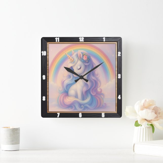 Pastel Rainbow Unicorn Dream  Square Wall Clock (Home)