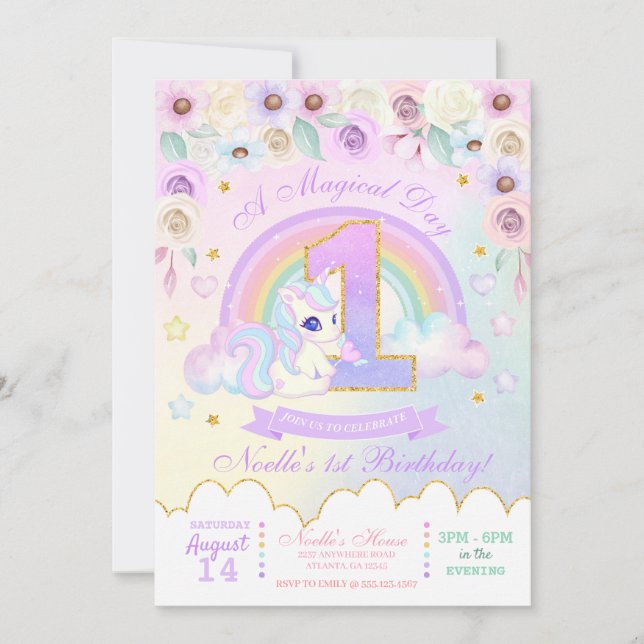 Pastel Rainbow Unicorn First Birthday Invitation (Front)