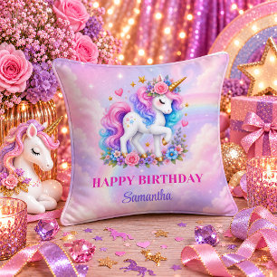 Pastel Rainbow Unicorn Girl Birthday Keepsake Pill Throw Pillow