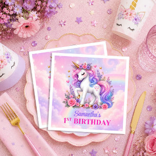 Pastel Rainbow Unicorn Girl Birthday Napkins Set