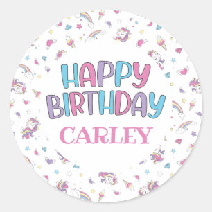Pastel Rainbow Unicorn Happy Birthday, Any Age Classic Round Sticker