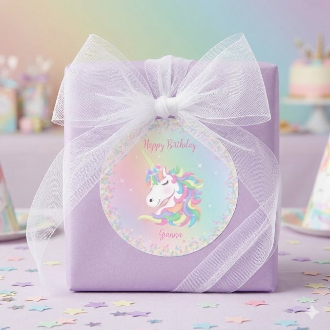 Pastel Rainbow Unicorn Happy Birthday Classic Round Sticker (Creator Uploaded)