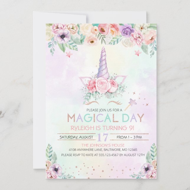 Pastel Rainbow Unicorn Invitation d'anniversaire (Devant)