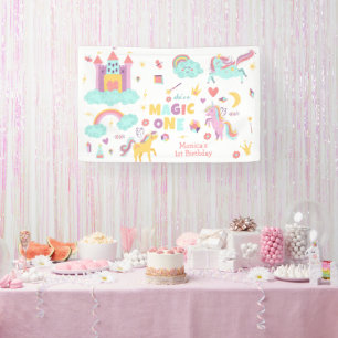 Pastel rainbow unicorn magic one birthday banner
