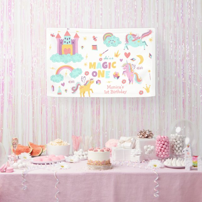 Pastel rainbow unicorn magic one birthday banner (Party)